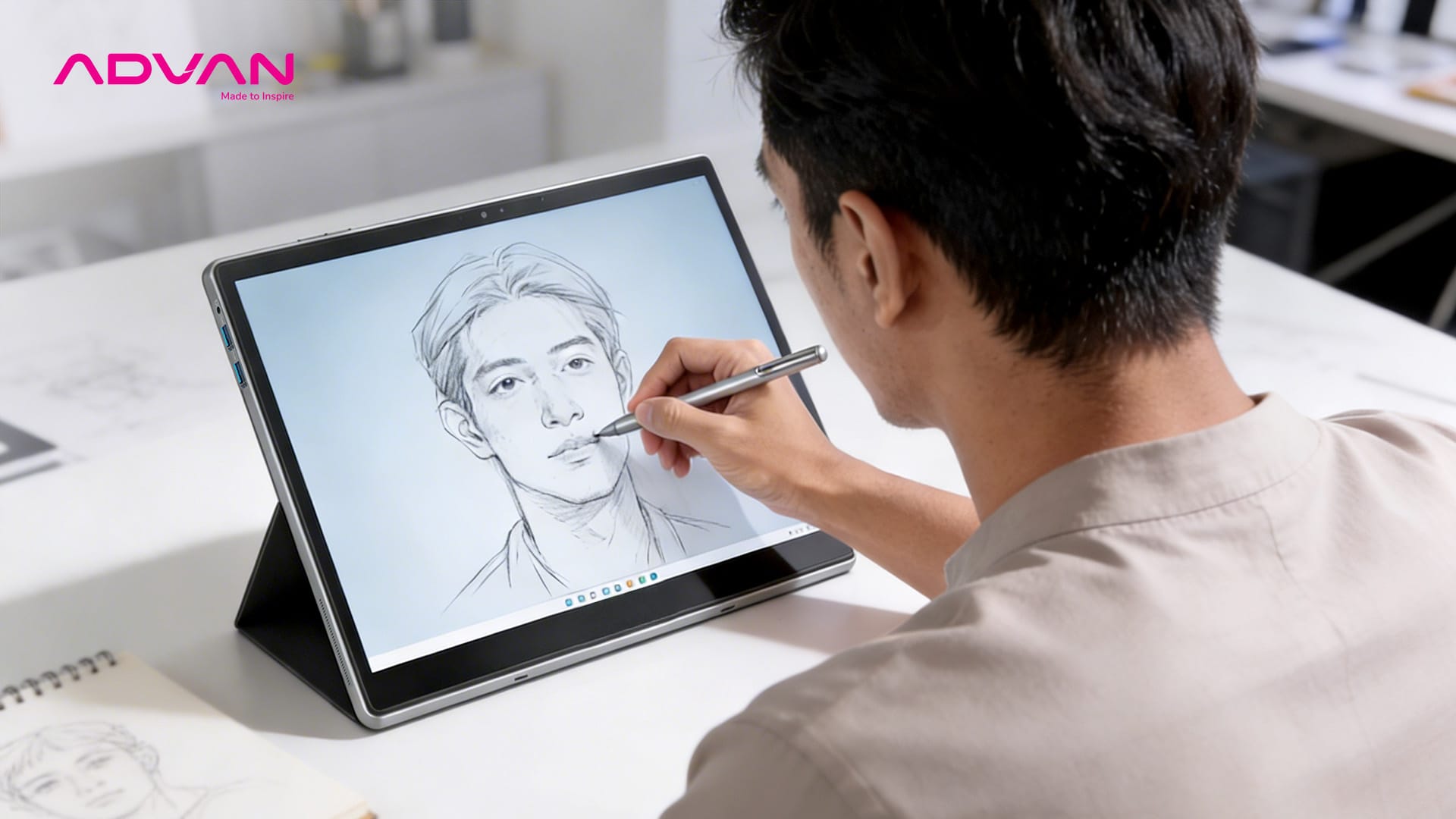 Pria menggambar menggunakan Advan Laptop EVO-X