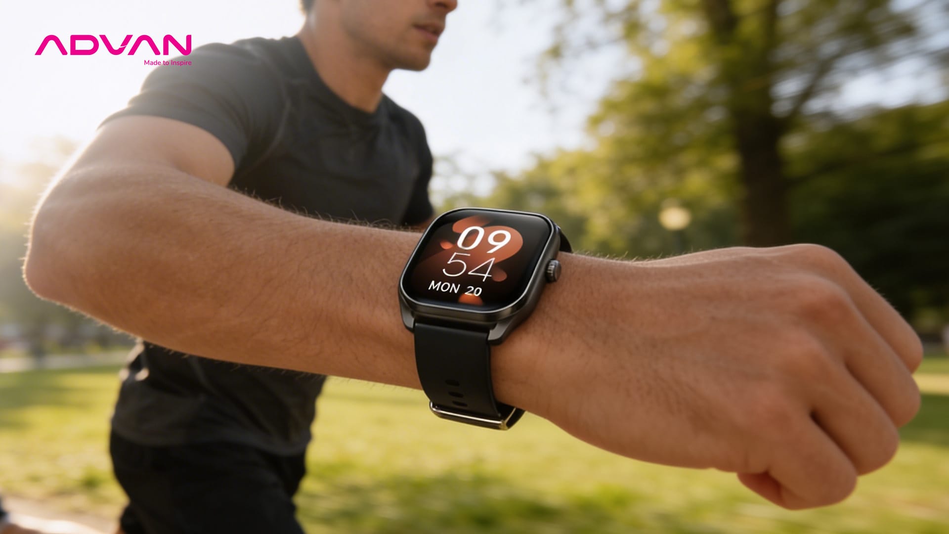 Pria berlari menggunakan Advan Smartwatch