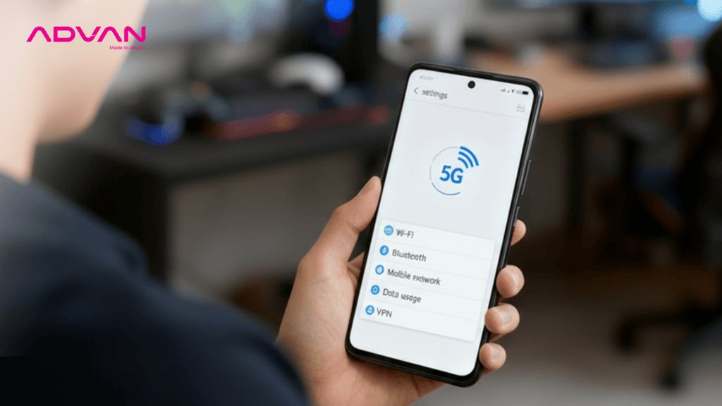 ADVAN SMARTPHONE MACHA 5G menampilkan ikon jaringan 5G saat digunakan untuk aktivitas online
