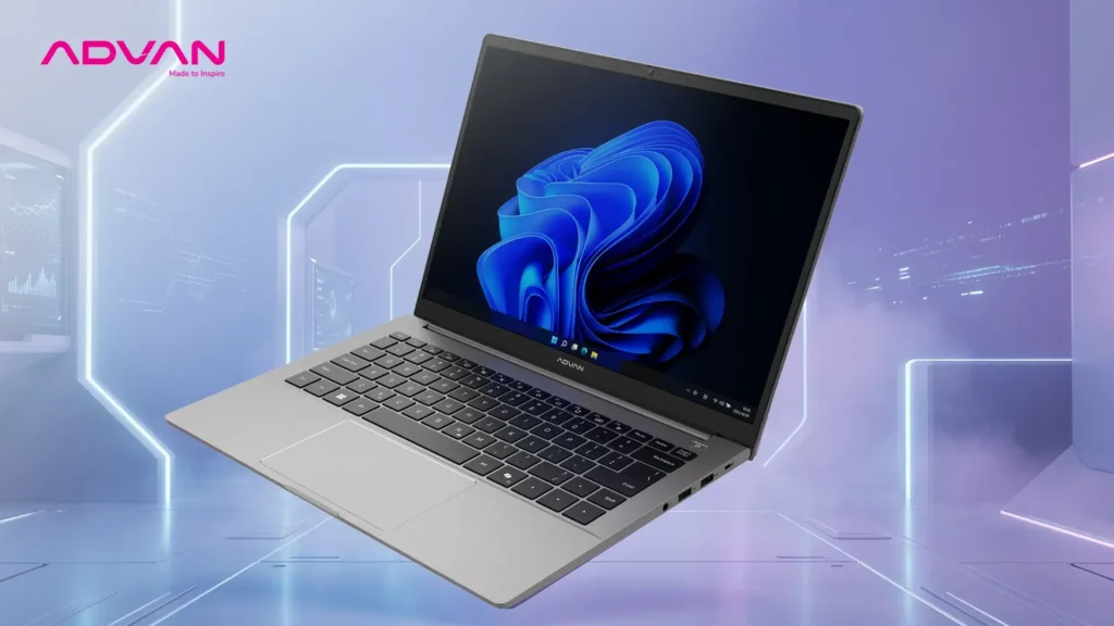 Laptop floating dengan background futuristik
Alt Text: Advan AI Gen Ryzen 7 modern laptop
