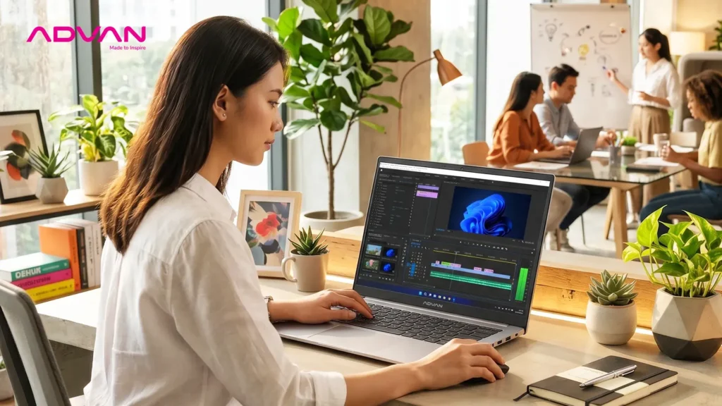 Pria bekerja dengan Advan Laptop Workplus AI Ryzen 7