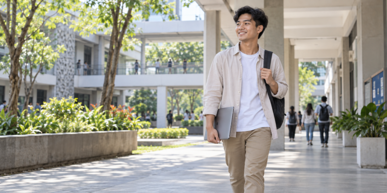 Laptop Kuliah tipis ringan. Mahasiswa membawa tas tanpa beban laptop