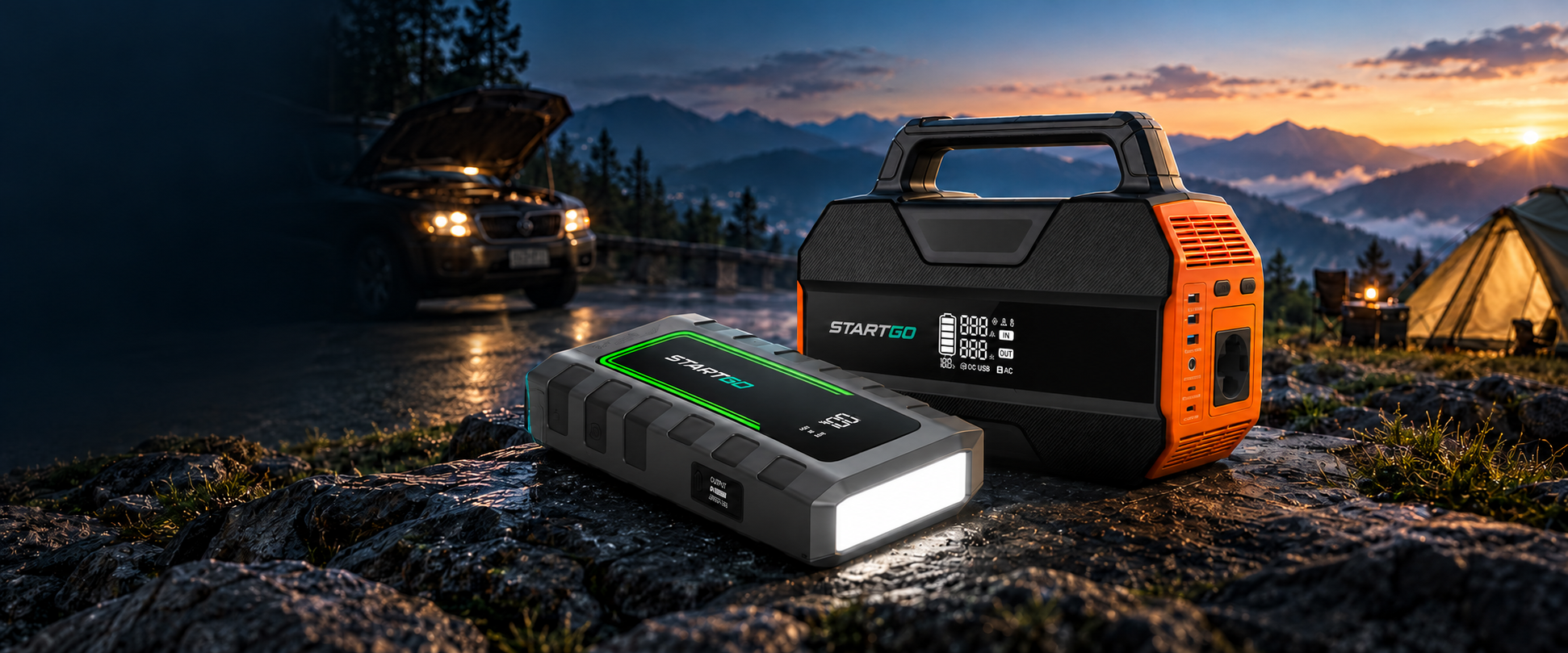 STARTGO JS100 dan PPS300 dengan latar jalan malam menuju area camping saat fajar